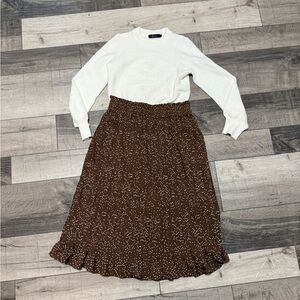 Brown Polka Dot Skirt with Pleated and Ruffled Hem for Casual Work